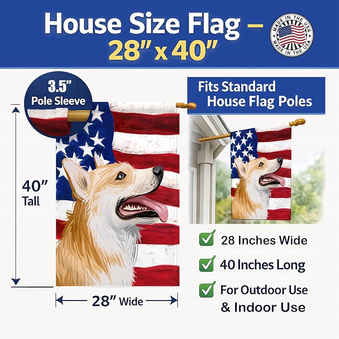 Caroline's Treasures CK6751CHF Pembroke Welsh Corgi American Flag House Flag Large Porch Sleeve Pole Decorative Outside Yard Banner Artwork Wall Hanging, Polyester, House Size, Multicolor