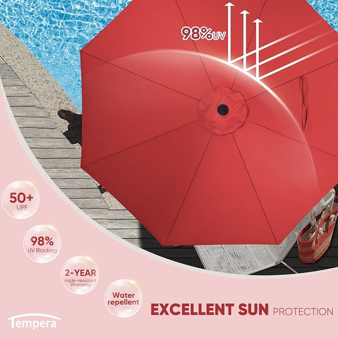 Tempera Patio Market Outdoor Table Umbrella with Push Button Tilt and Crank, Large Sun Umbrella with Sturdy Pole & Fade Resistant Canopy, Easy to Set