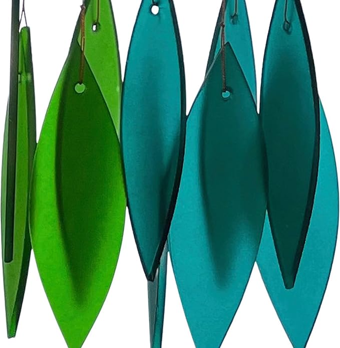 Blue Handworks Gradient Ocean Shades Glass Leaves Wind Chime | Sandblasted Glass and Found Wood Handcrafted Wind Chime