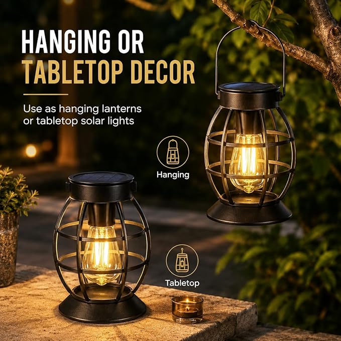 LeiDrail Solar Lanterns Outdoor 2 Pack, Hanging Waterproof Metal Lantern Dual LED Warm White, Auto On/Off Garden Patio Yard Porch Pathway Table Decor, Solar Powered Gift for Women