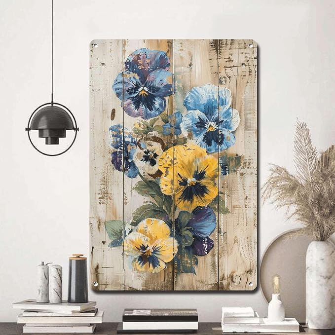 Metal Sign Tin Sign Vintage Wall Art Shabby Chic Pansies Tin Sign for Rustic Color Blends Antique Garden Charm and Distressed Wood Pan Kitty Decor for Home Decor 8×12 Inches