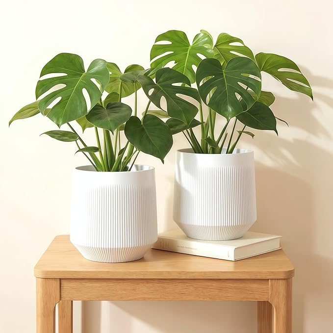 Plant Pots，Set of 2 Plastic Large Pots for Indoor Plants,Flower Pots Outdoor Planters with Drainage Hole and Seamless Saucer,(White 12Inches)