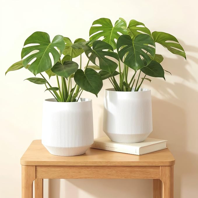 Plant Pots，Set of 3 Plastic Pots for Indoor Plants,Flower Pots Outdoor Planters with Drainage Hole and Seamless Saucer,White