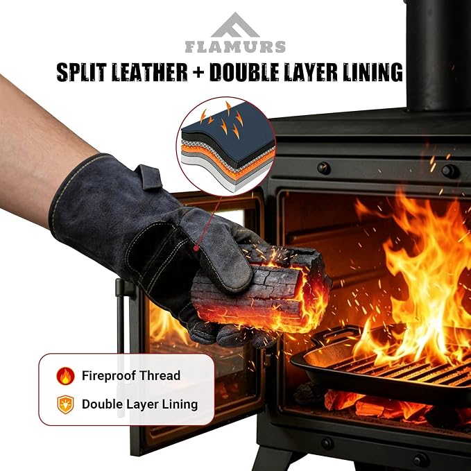 16-Inch Leather Firewood Gloves - Double Layer Full Lining with Fireproof Thread Stitching - for Smokeless Fire Pit Outdoor Cooking, Welding, Bite & Scratch Proof Against Pets - Black, G0301