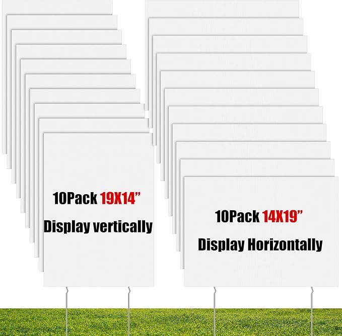 Wesiti 20 Pack Blank Yard Signs with Stakes Plastic Yard Lawn Sign Double Sided Corrugated Plastic Garage Sale Signs with Stakes for Rent Sign for Party Lawn Yard (White, 19 x 14 Inch)
