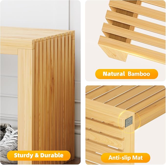Bamboo Dining Bench, 18'' Slatted Design Entryway Bench, Natural | Modern Solid Bamboo Seating Bench for Indoor & Outdoor Use, Ideal for Kitchen, Hallway, Bedroom