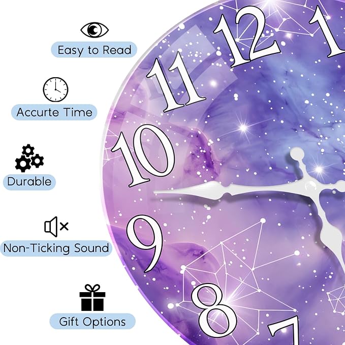 Britimes Round Purple Wall Clock Silent Non-Ticking Battery Operated Glass Decorative Outdoor Waterproof Clock 12 Inch, Galaxy Constellation Home Decor for Living Room, Kitchen, Bathroom, and Bedroom