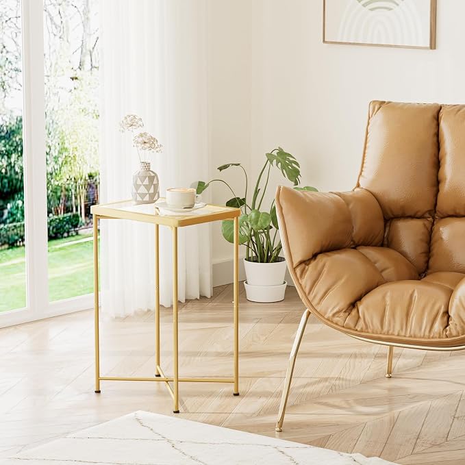 Garden 4 you Small Side Table, Glass End Table Set of 2, Gold Outdoor Side Table with Metal Frame, Mini Bedside Table for Living Room, Bedroom, Patio, Small Space, 2pcs