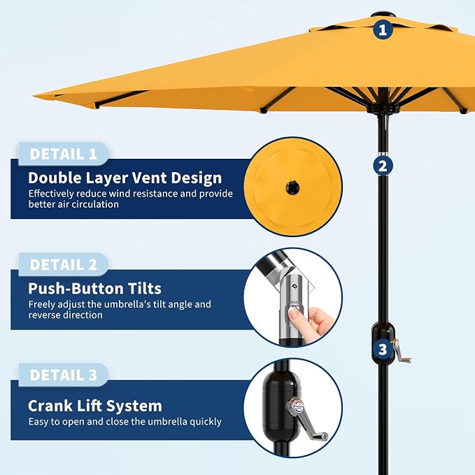 GarveeLife 10FT Patio Umbrella Outdoor, Table Umbrella with Push Button Tilt and Crank, 8 Sturdy Ribs UV Protection Waterproof for Garden, Pool, Market, Deck (Yellow)