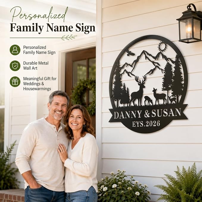 Personalized Deer Mountain Metal Sign Custom Family Name Wall Decor Rustic Cabin Outdoor Yard Art Wedding Anniversary Sign Gift