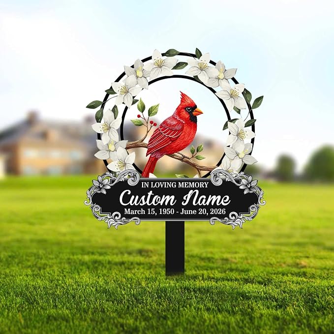 Personalized Cardinal Metal Garden Sign with Stakes, Red Bird Metal Decor Decorative Outside, Yard Outdoor Art Gift for Mom/Grandmother, Patio House Warming Gifts