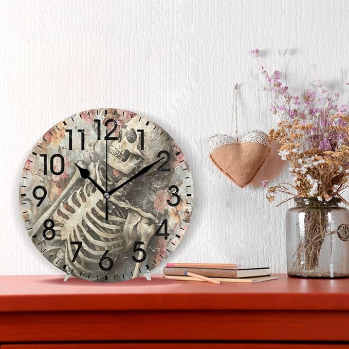 ALAZA Home Decor Watercolor Sugar Skull Rose Blossom Round Acrylic 9.84 Inch Wall Clock Non Ticking Silent Clock Art for Living Room Kitchen Bedroom