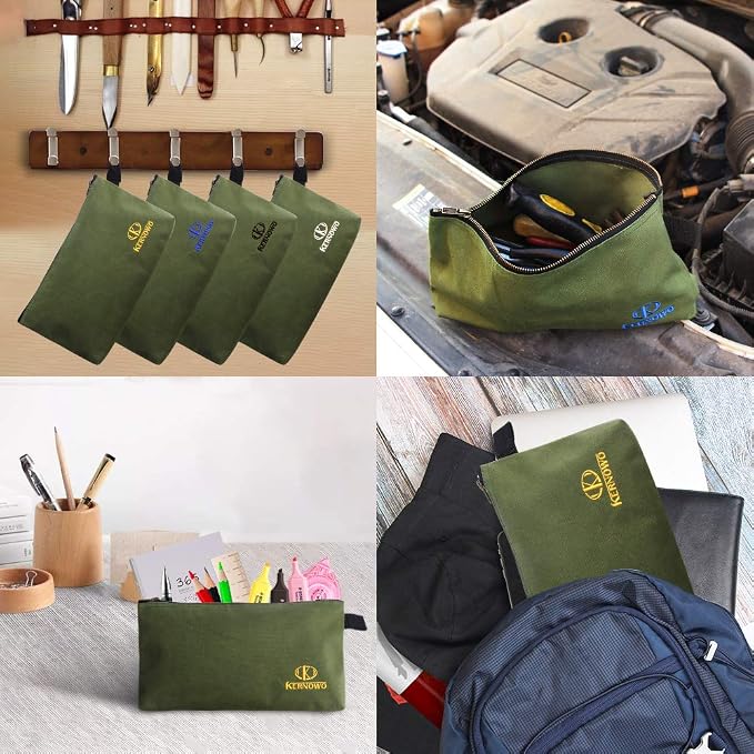 Premium Canvas Tool Pouch Zipper Bag,Small Tool Bag,Multipurpose Storage Pouch(4Pack 12.75x8x2.25 inch 20oz Water Resistant Heavy Duty Army Green Flat Bottom Tool Bag with Brass Zipper)