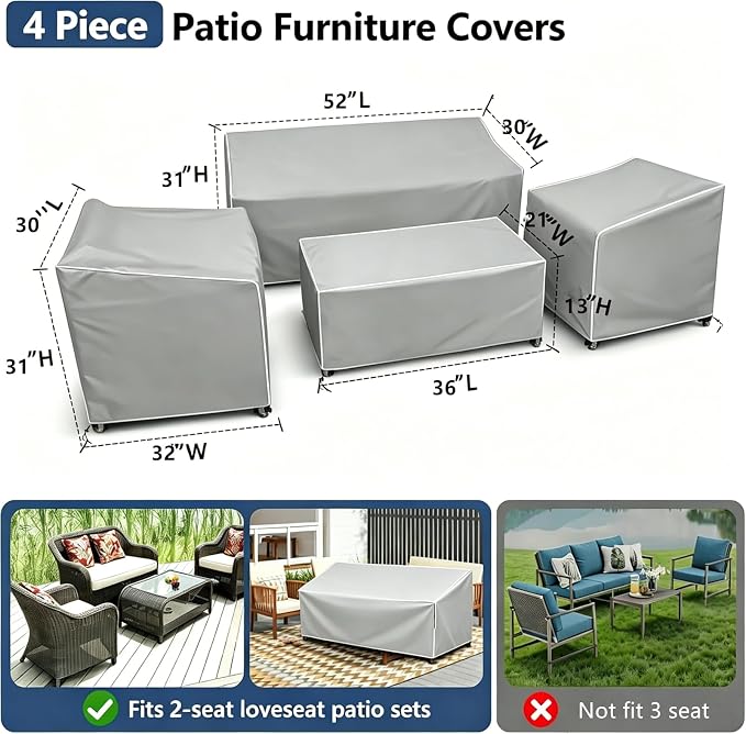STARTWO Patio Furniture Covers 4 Piece Set, Heavy Duty Waterproof Outdoor Furniture Cover for Rattan Wicker Conversation Set, Grey+White Seams-Small