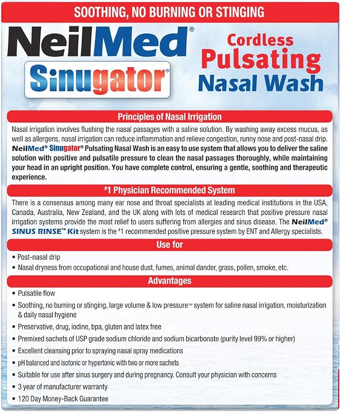 NeilMed Sinugator Cordless Pulsating Nasal Wash Kit with One Irrigator, 30 Premixed Packets and 3 AA Batteries(Pack of 1)