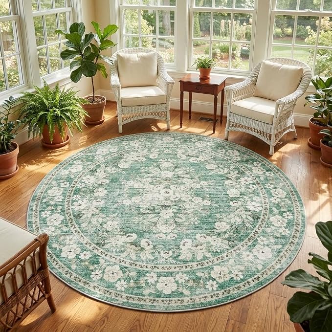 GarveeHome 4ft Round Rug for Living Room Vintage Floral Floor Carpets | Machine Washable Leaf Flower Botanical Throw Rug for Bedroom Vintage Distressed Sage Green Bordered Area Rug for Dining Room