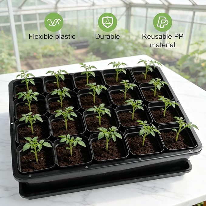 RooTrimmer 5 Pack Soil Blocking Trays with 2.8 inch (7CM) Square Nursery Pots 100pcs, Plastic Flat Plant Tray for Holding or Collecting Drainage Water, Seed Starter Tray for Seed Germination (Black)