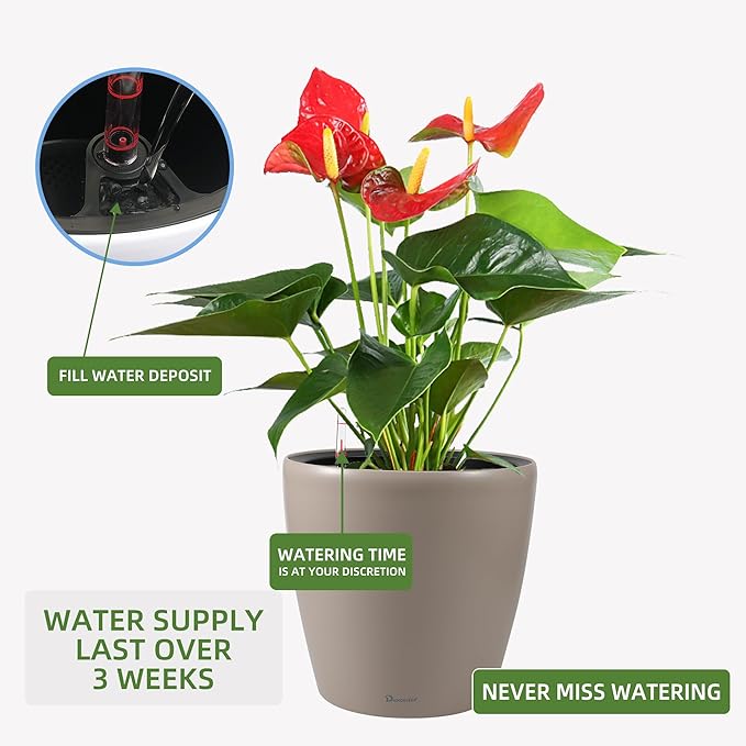 Dexceder 13x12 Self Watering Planter with Wheels (Taupe Matte) | Inner Pot Design, Thickened Large Floor Standing Flower Plant Pot with Water Level Indicator Indoor Outdoor