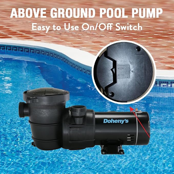Doheny's Above Ground Pool Pro Swimming Pool Pump, 1.0HP (0.9THP) | On/Off Switch, High-Efficiency, Low-Noise, Heavy-Duty, Stainless Steel Shaft & Reinforced Thermoplastic, CSA & ETL Certified