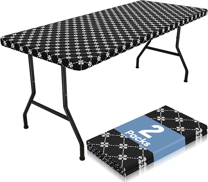 misaya 2 Pack Rectangle Vinyl Table Cloth, Elastic Fitted Tablecloth with Flannel Backing, Waterproof Plastic Table Cover Fits 6 Foot Folding Tables for Picnic, Camping and Outdoor (Black, 30" x 72")