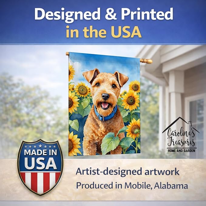 Caroline's Treasures DAC6114CHF Lakeland Terrier in Sunflowers House Flag Large Porch Sleeve Pole Decorative Outside Yard Banner Artwork Wall Hanging, Polyester, House Size, Multicolor