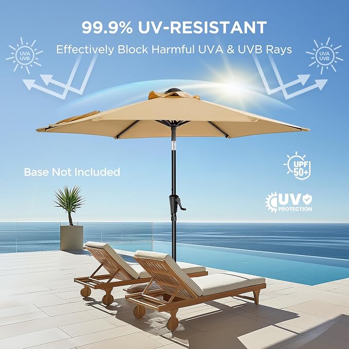 HOMSHADE 7.5ft Outdoor Patio Umbrella - Market Table Pool Deck Umbrella UPF50+ UV Protection with Push Button Tilt, Crank and 6 Sturdy Ribs (Beige, No base)