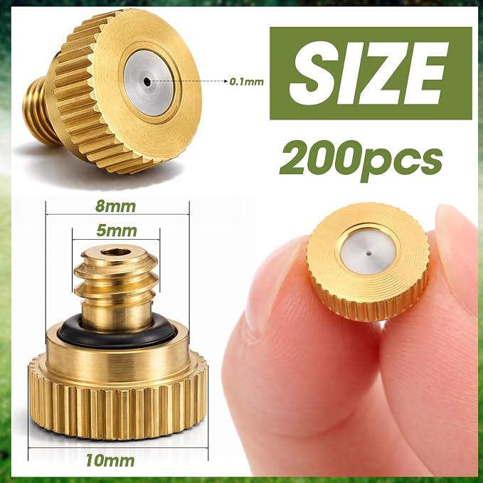 Zhengmy 200 Pcs 0.1mm Brass Misting Nozzles, Mister Nozzles Brass for Outdoor Cooling System Orifice 10/24 UNC Replacement Heads for Outdoor Cooling System(Gold)