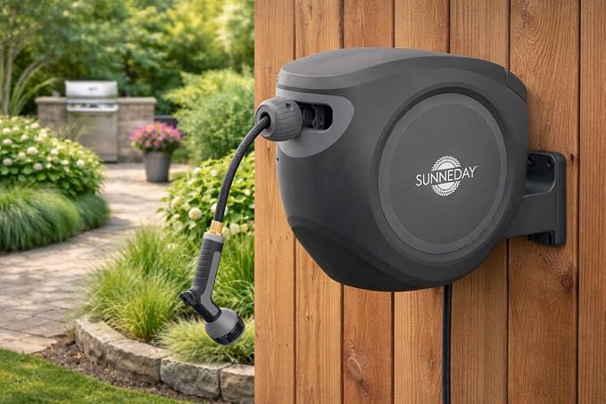 Sunneday SW-30B 100ft Retractable Hose Reel 5/8 | Automatic Retractable w/Wall Mount | Easy to Assemble Reel w/Flexible Swivel Mount