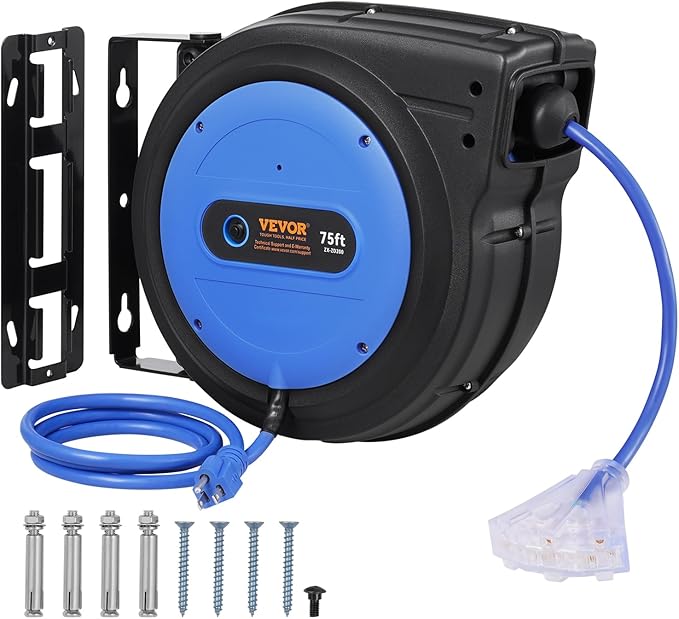 VEVOR 75FT Retractable Extension Cord Reel, 14AWG/3C SJTOW Heavy Duty Power Cord w/Lighted Electrical Triple Tap Outlets, 13A Circuit Breaker,180° Swivel Bracket for Workshop or Garage, Blue