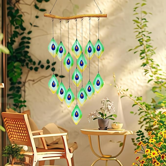 Handmade Peacock Feathers Glass Wind Chimes – Sea Glass Garden Windchimes for Outside, Hand-Painted Glass Suncatcher, Durable