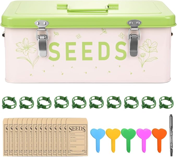 Seed Storage Organizer Box – Large Metal Seed Box with Dividers, 50 Envelopes, 100 Plant Labels, 50 Clips & Marker Pen | Seed Packet Container for Garden