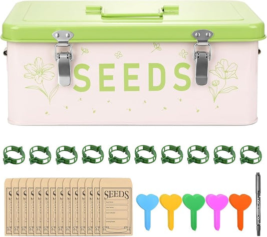 Seed Storage Organizer Box – Large Metal Seed Box with Dividers, 50 Envelopes, 100 Plant Labels, 50 Clips & Marker Pen | Seed Packet Container for Garden