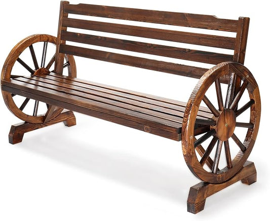 VINGLI Rustic Wooden Wheel Bench Outdoor Bench, Patio Bench Wagon Slatted Seat, Garden Benches for Outdoors 350lbs High Capacity, Weather Resistance (Rustic, 55in)