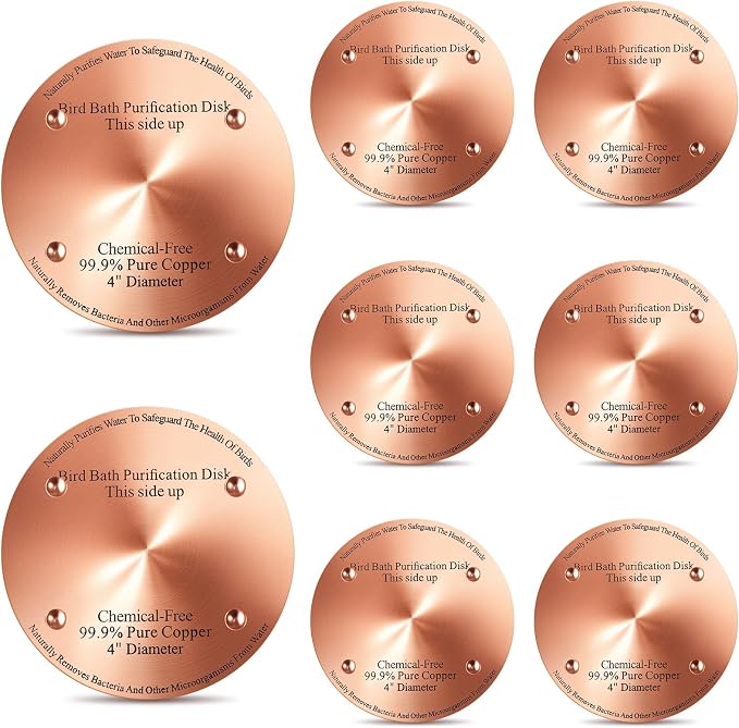 MorningRo 8 Pcs 4'' Bird Bath Copper Disk, 0.6mm Thick Reinforced 99.99% Pure Copper Disc birdbath Purification Disc, with 4 Point Support for Outdoor Birdbaths Bowls Cleaner (Classic)