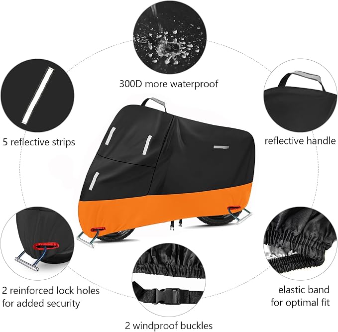 SECELES Waterproof Motorcycle Cover 300d Oxford Heavy Duty Powersports Vehicle Covers with Windproof Buckles Motorcycle Rain Cover for Dirt Bike (XXXL 96" x 37" x 50" Black & Orange)