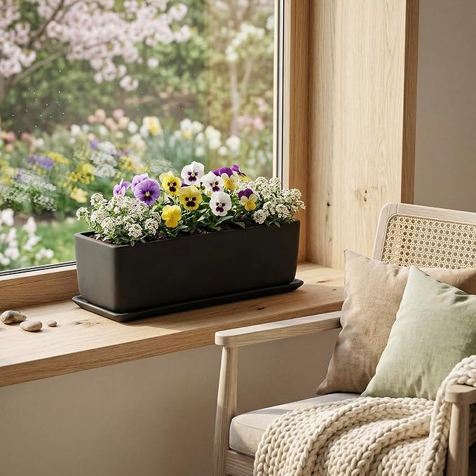 MyGift 14 Inch Ceramic Indoor Plant Pot, Rectangular Succulent Planter, Decorative Flower Planter with Drainage Hole and Removable Tray, Matte Black