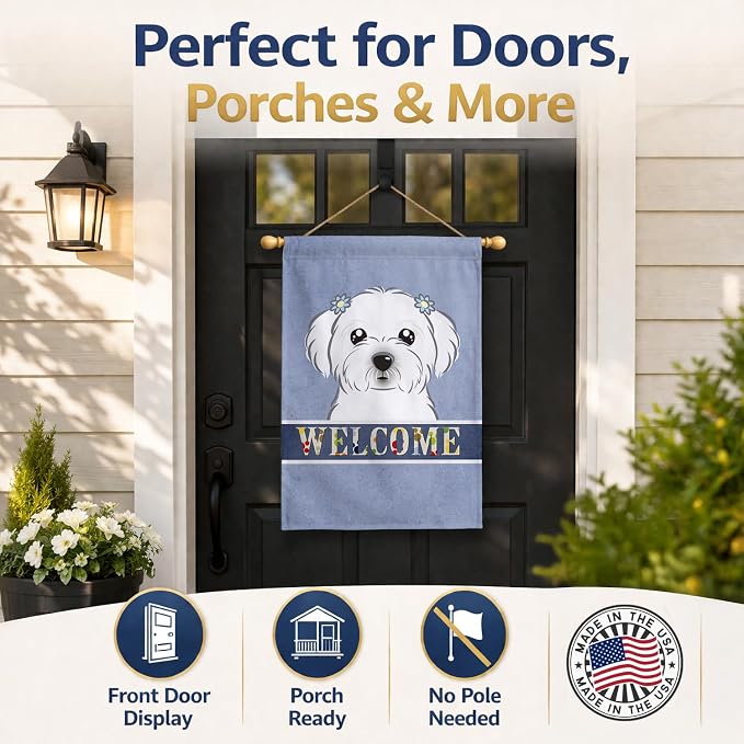 Caroline's Treasures BB1394CHF Maltese Welcome House Flag, Blue Large Porch Sleeve Pole Decorative Outside Yard Banner Artwork Wall Hanging, Polyester, House Size, Multicolor