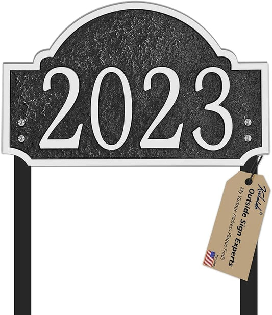 Personalized Address Sign LAWN MOUNTED - Custom House Number Sign Plaque,Address Plaque,House Numbers for Lawn Outside,Yard,Ground,Garden,Drive Way Free Standing with Stakes Metal (Silver)