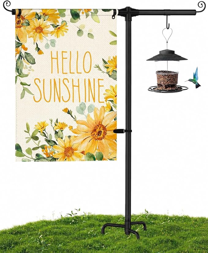 Garden Flag Holder Stand with Shepherds Hooks, 51 Inch Extra Thick Weather-Proof Powder-Coated Yard Flag Holder with 4 Prong Base, Heavy Duty 3/4 inch Aluminum Stand, Suitable for 12x18 Flag
