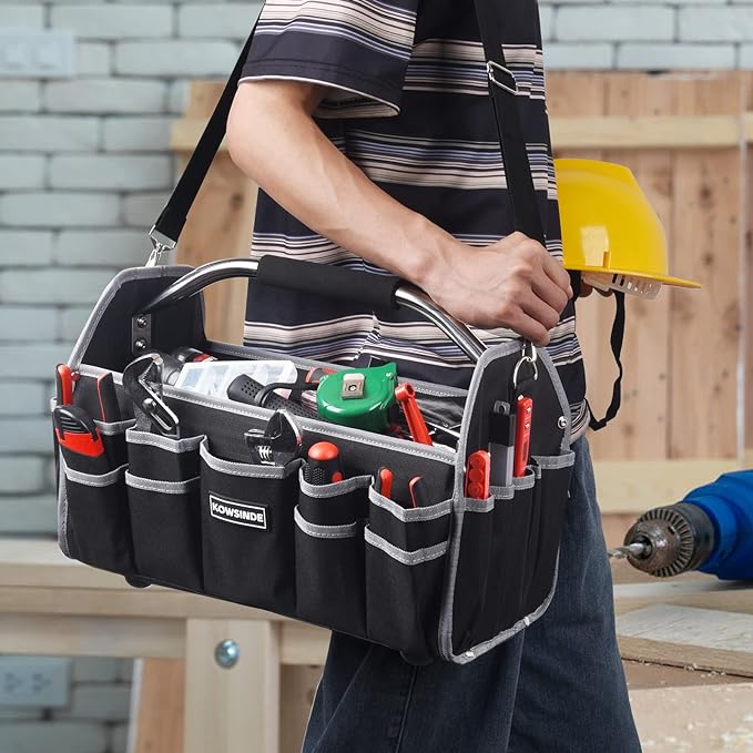 Kowsinde 16 Inch Tool Bag, Electrician Tool Bag, Open Top Tool Bags, 26 Pockets Can Hold Many Tools, Steel Handle and Removable Shoulder Strap