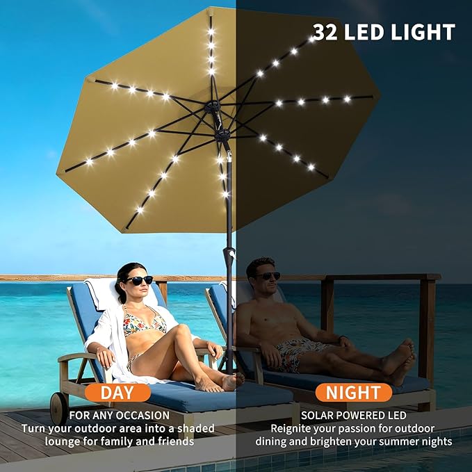GarveeLife Patio Umbrella with Solar Lights, Outdoor Table Umbrella with 8 Durable Ribs, Tilt & Crank Mechanism, Water & UV Protection Sun Shade Umbrella for Garden, Poolside, Backyard (Tan, 9 FT)