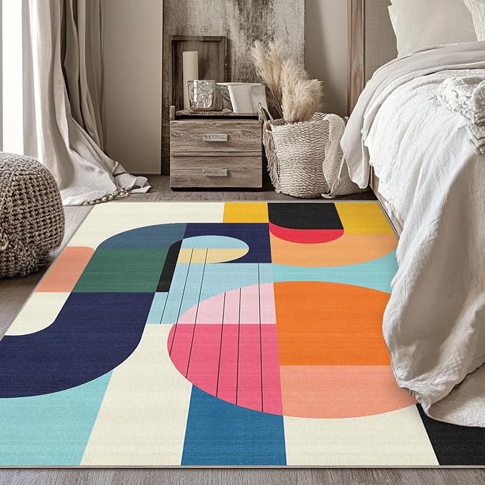 4x6 Area Rug Colorful Boho Geometric Carpet Modern Abstract Rug for Living Room Bedroom Machine Washable Non-Slip Rug for Dining Room Bedside Office