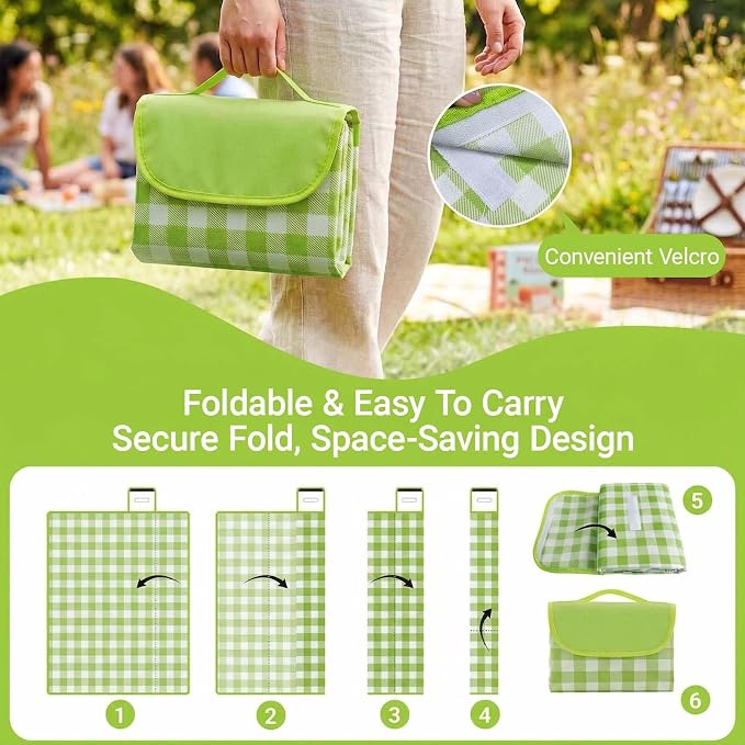 Waterproof Foldable Picnic Blanket Outdoor with Carry Strap,80"X60" Extra Large Beach Blanket Sandproof,Portable Soft Gingham Picnic Mat for Camping Travel Hiking Family Concerts Park(Green)