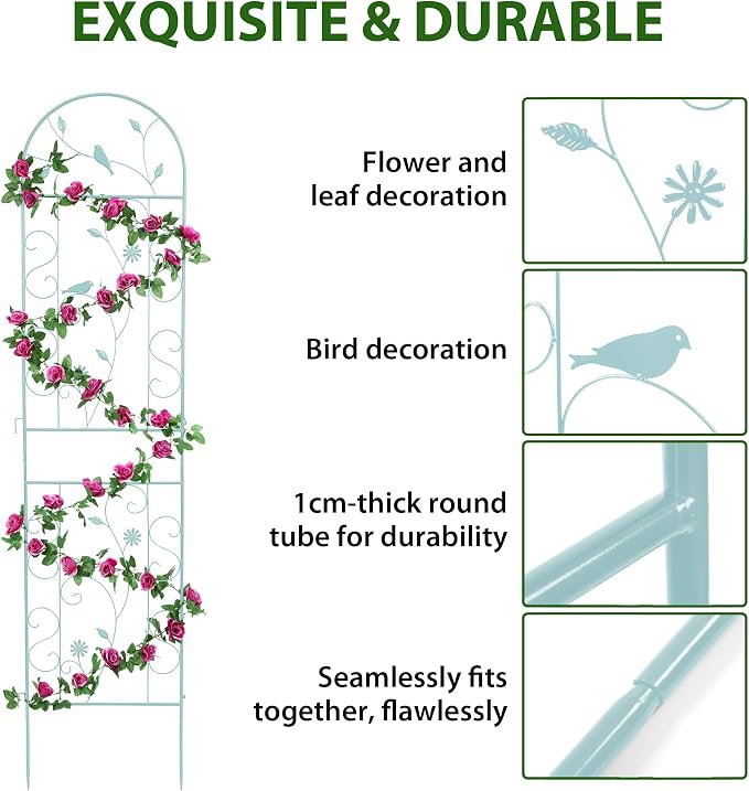 Metal Garden Trellis for Climbing Plants, 2 Pack 86.5" x 19.7" Green Plant Trellis Outdoor, Clematis Rrellis Outdoor, Arched Decoration Suitable for lawns, Gard, Green