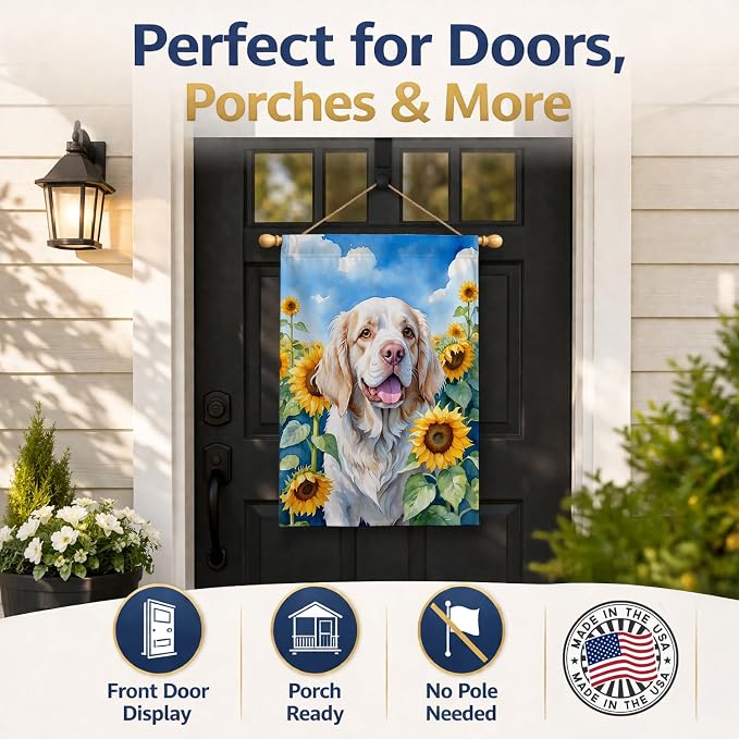 Caroline's Treasures DAC6056CHF Clumber Spaniel in Sunflowers House Flag Large Porch Sleeve Pole Decorative Outside Yard Banner Artwork Wall Hanging, Polyester, House Size, Multicolor