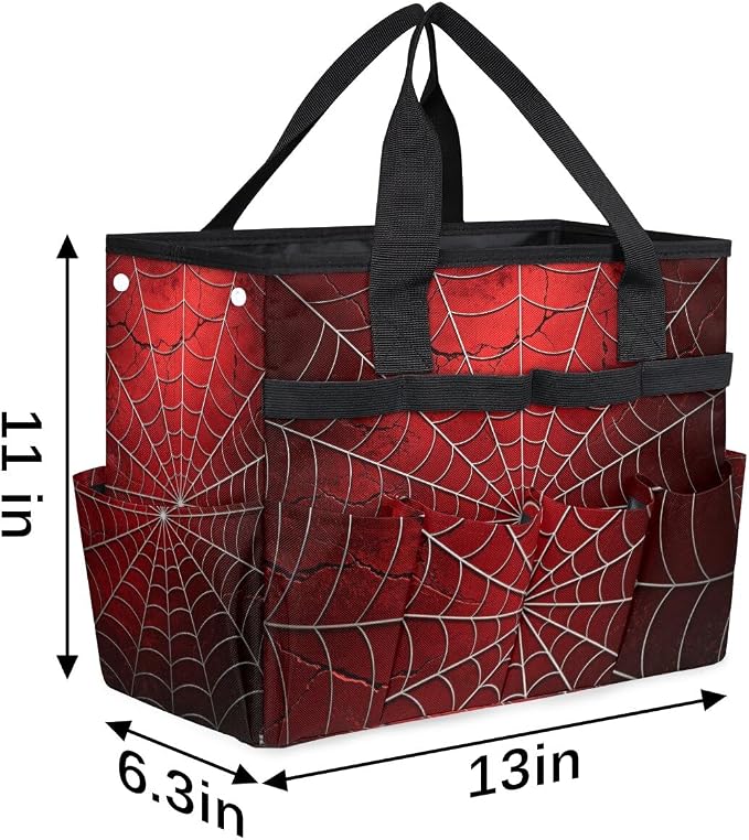 Gardening Tool Bag,Heavy Duty Garden Tote Bag,Portable Oxford Gardening Storage Basket Organizer Handbag with Pockets Handle,Hand Tools Gifts for Outdoor Garden Lawn Spiders Web Red