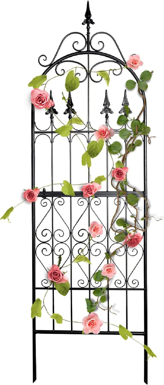 Garden Trellis for Climbing Plants, 70" H x 21.7" W Heavy Duty Metal Trellis, 6FT Rustproof Black Iron Vine Support Trellis with 9.2" Ground Stakes, Decorative Cupid Arrow Design Roses, Vines