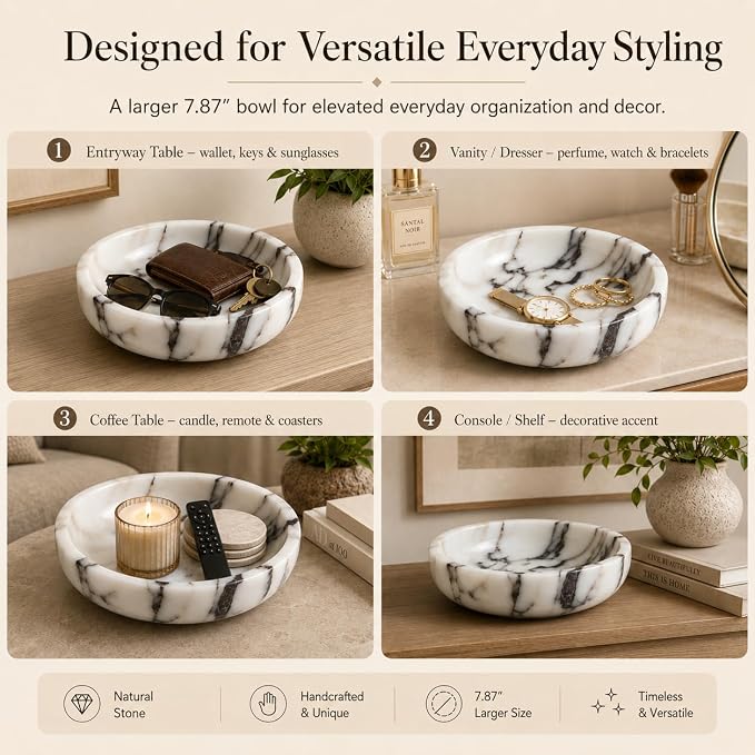 Calacatta Viola Marble Decorative Bowl, 7.87-Inch | Stone Catchall Bowl for Keys, Jewelry, Sunglasses and Small Decor, Coffee Table Centerpiece, Entryway Table and Dresser Decor
