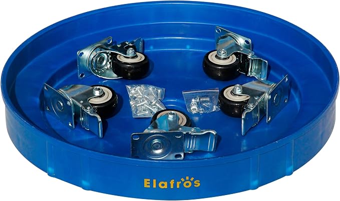 ELAFROS 30 Gallon and 55 Gallon Heavy Duty Plastic Drum Dolly – Durable Plastic Drum Cart 900 lb. Capacity- Barrel Dolly with 5 Swivel Casters Wheel, Blue, with Brake