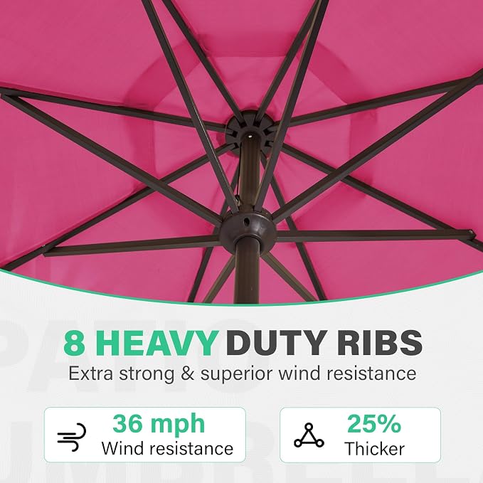 JEAREY 9 FT Patio Umbrella Outdoor, Table Umbrellas Market Umbrella w/Push Button Tilt/Crank, 8 Sturdy Ribs(Rose Pink)